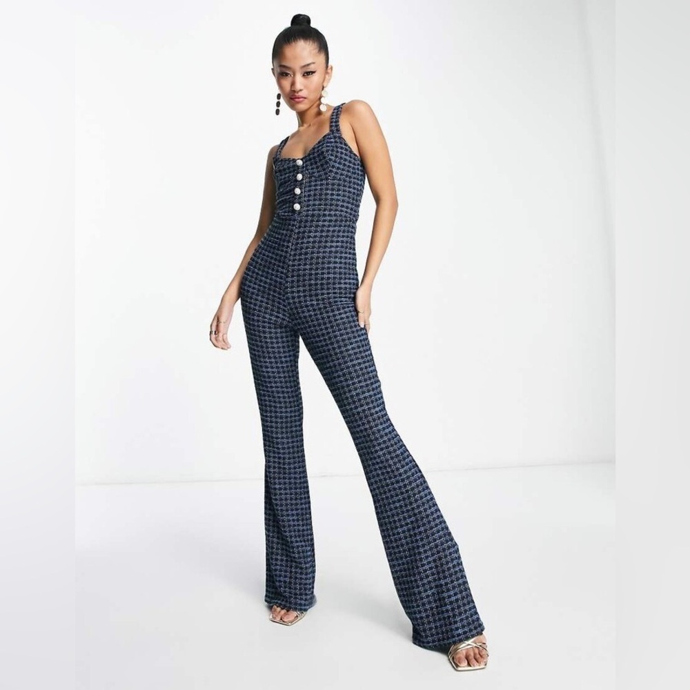Asos Design Hourglass Blue Button Front Tweed Checkered Flare Jumpsuit Size 10
